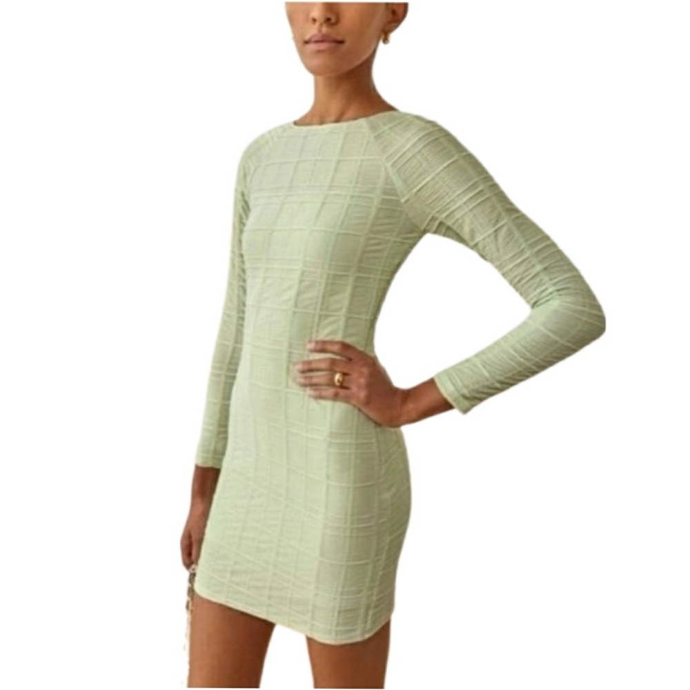 Reformation Small Dee Long Sleeve Ruched Textured Bodycon Dress in Mint Green
